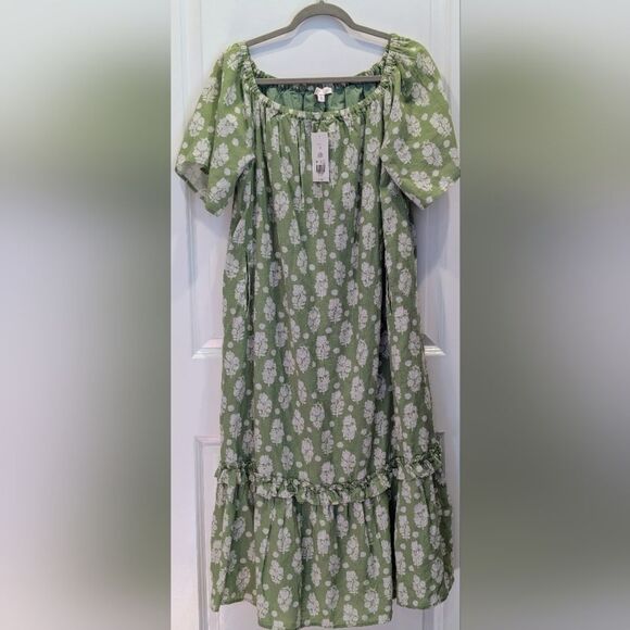 Crown & Ivy Green Floral Midi Dress M NWT Off Shoulder Linen Cottagecore Coastal - Picture 2 of 7